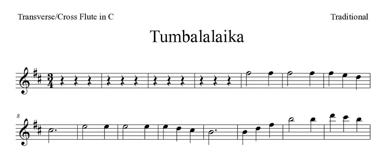 Partition de Tumbalalaika pour fflûte traversière, premières lignes
