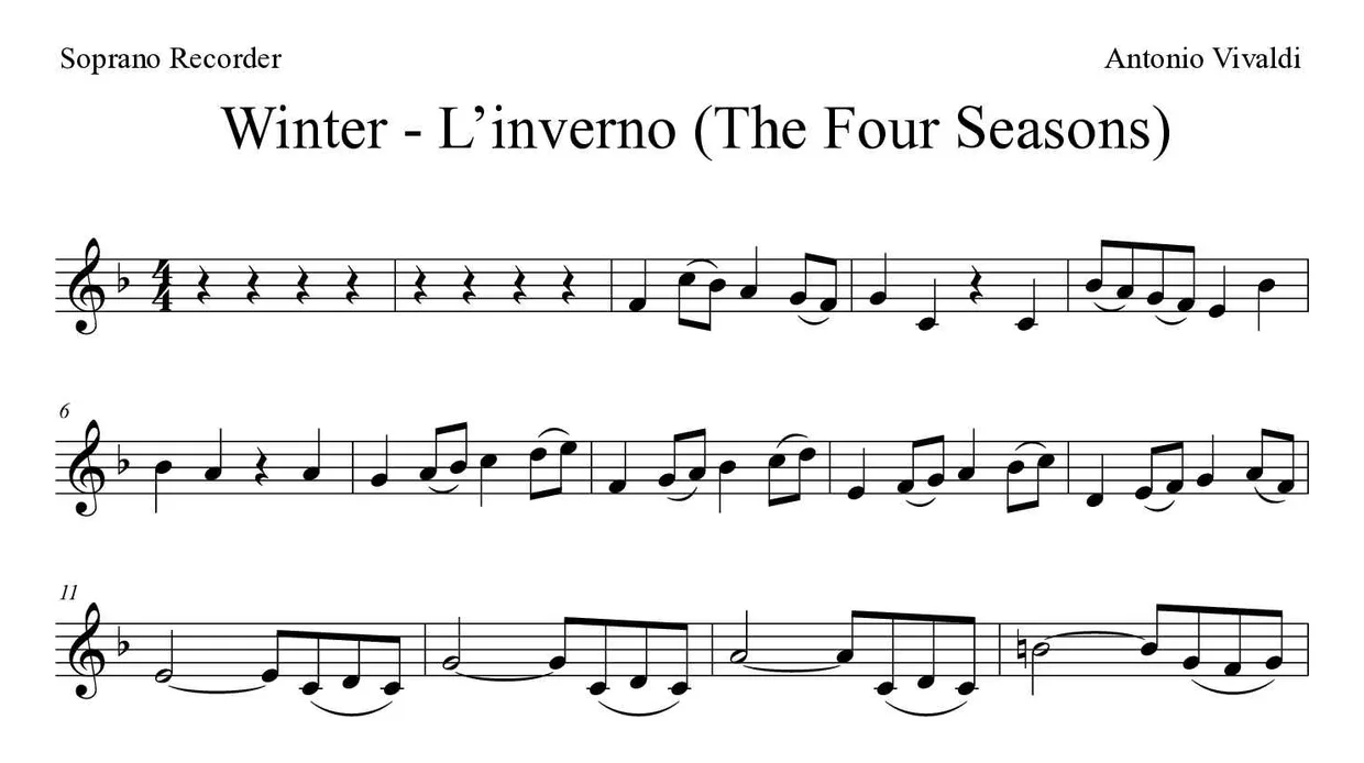 「Winter - L’inverno (The Four Seasons)」Recorder用楽譜の最初の数段