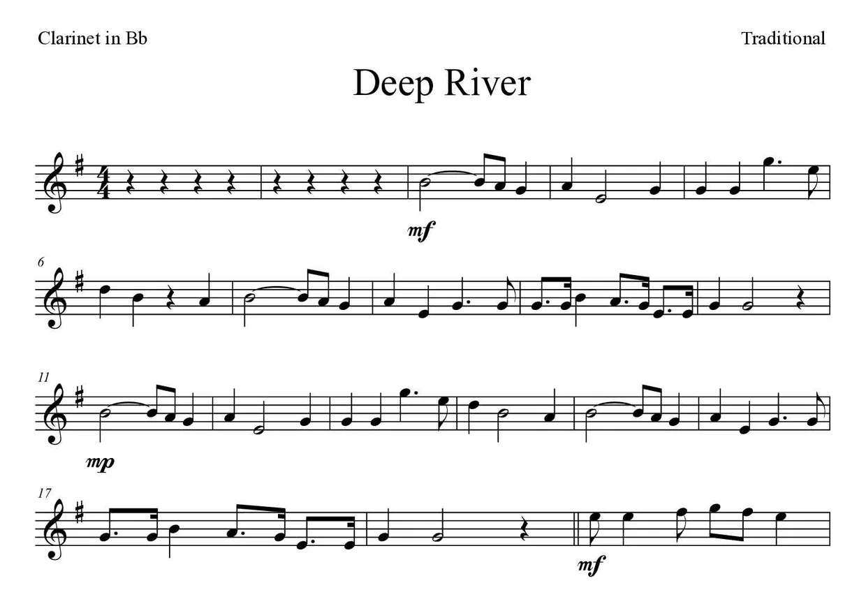 ‘Deep River’ Clarinet 악보의 첫 몇 줄