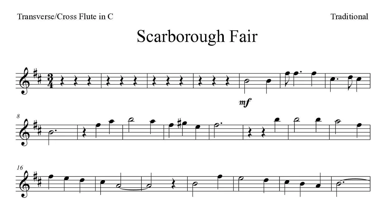 Bladmuziek van Scarborough Fair voor flute, eerste regels
