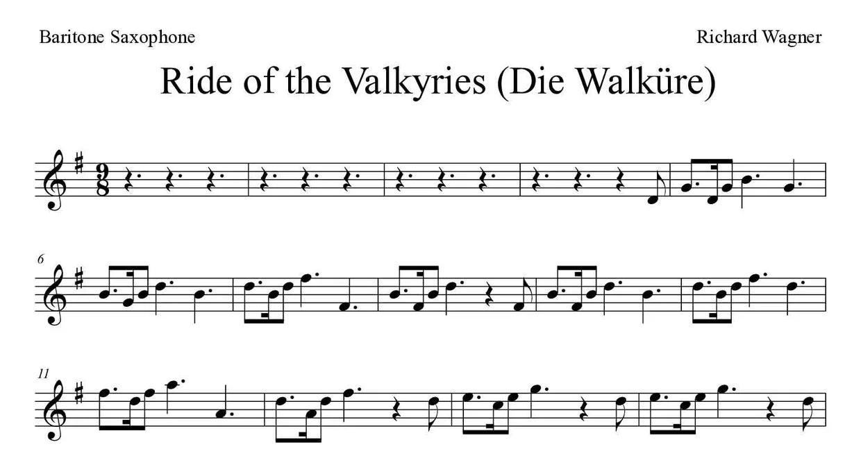 「Ride of the Valkyries (Die Walküre)」Baritone Saxophone用楽譜の最初の数段
