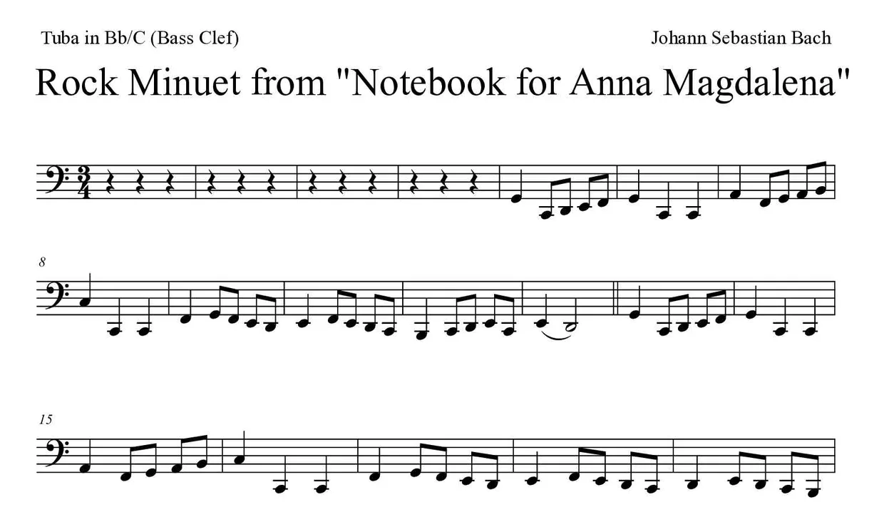 Partitura de Rock Minuet from "Notebook for Anna Magdalena" para tuba em Sib/Do (clave de Fa), primeiras linhas
