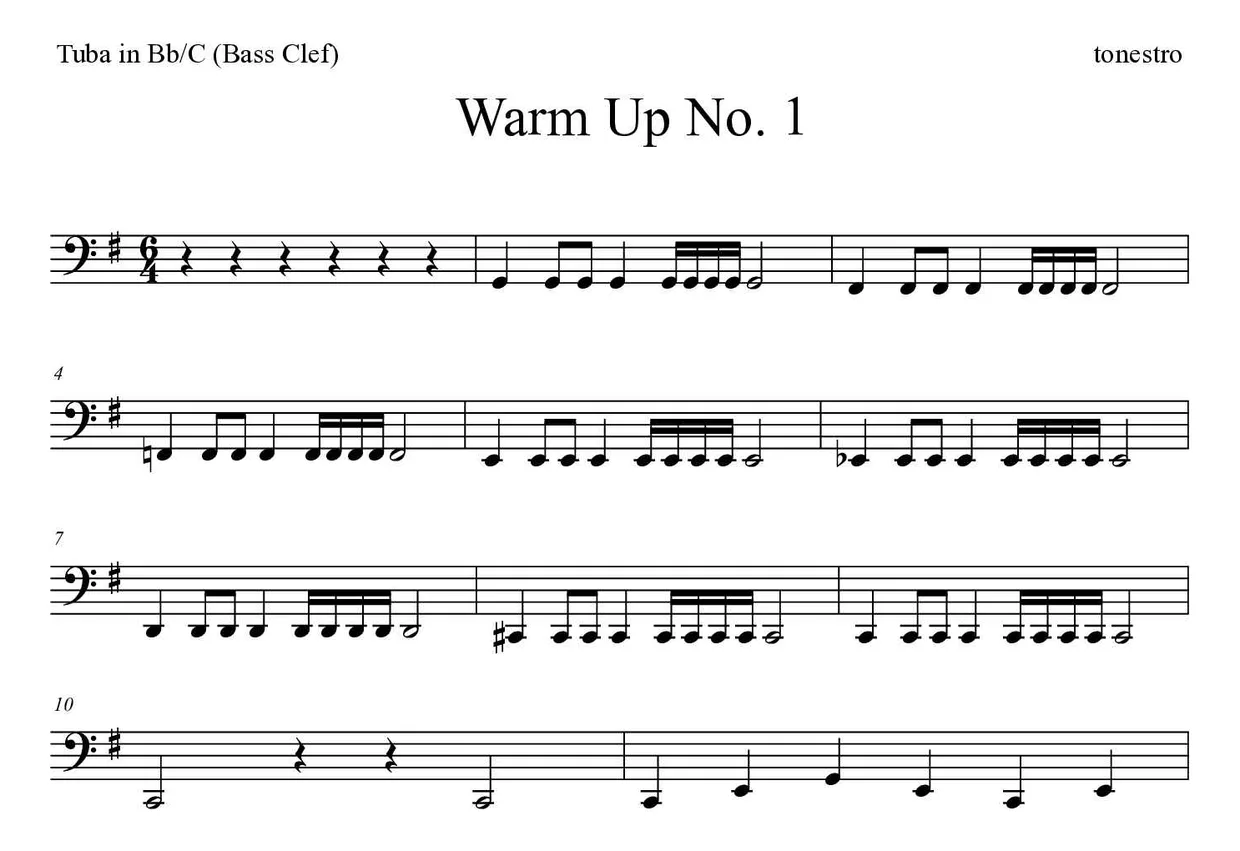 Sheet music of Warm Up No. 1 for tuba in Bb/C (bass clef) (Hard), first lines