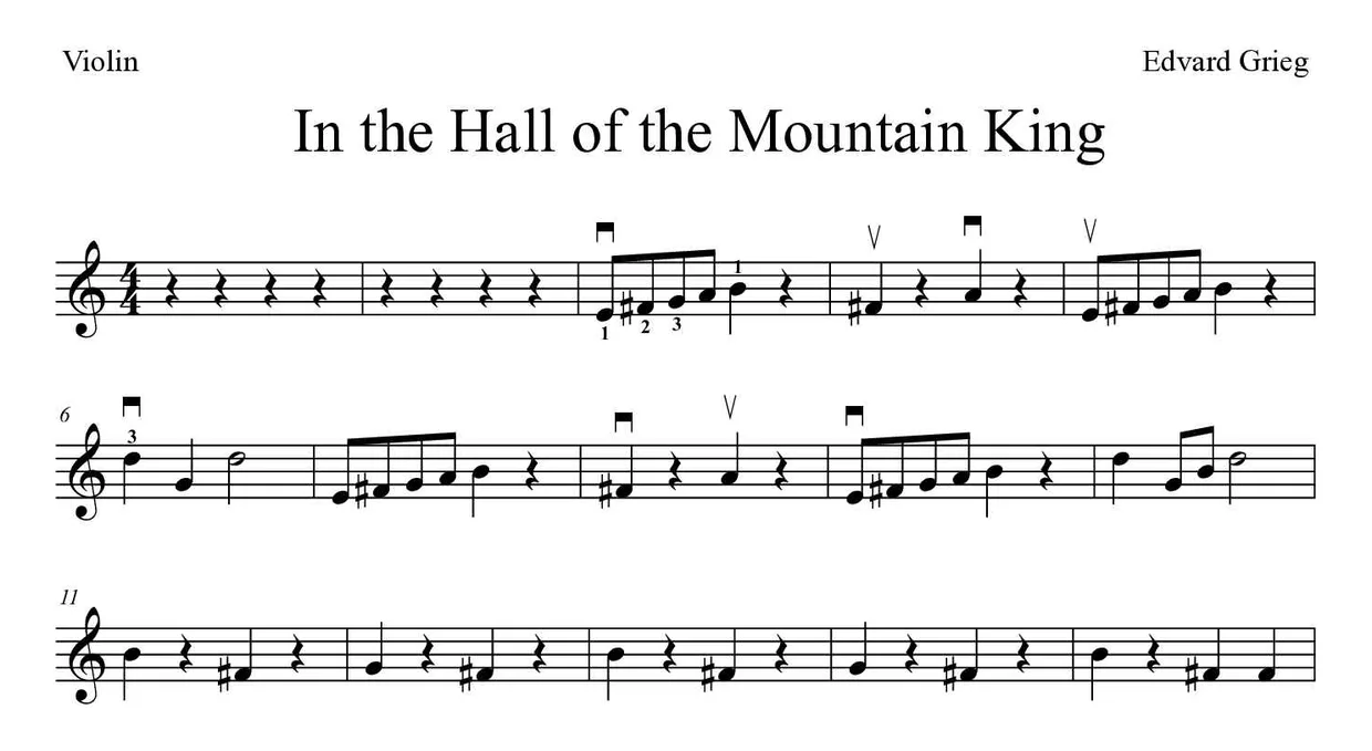 Bladmuziek van In the Hall of the Mountain King voor violin, eerste regels
