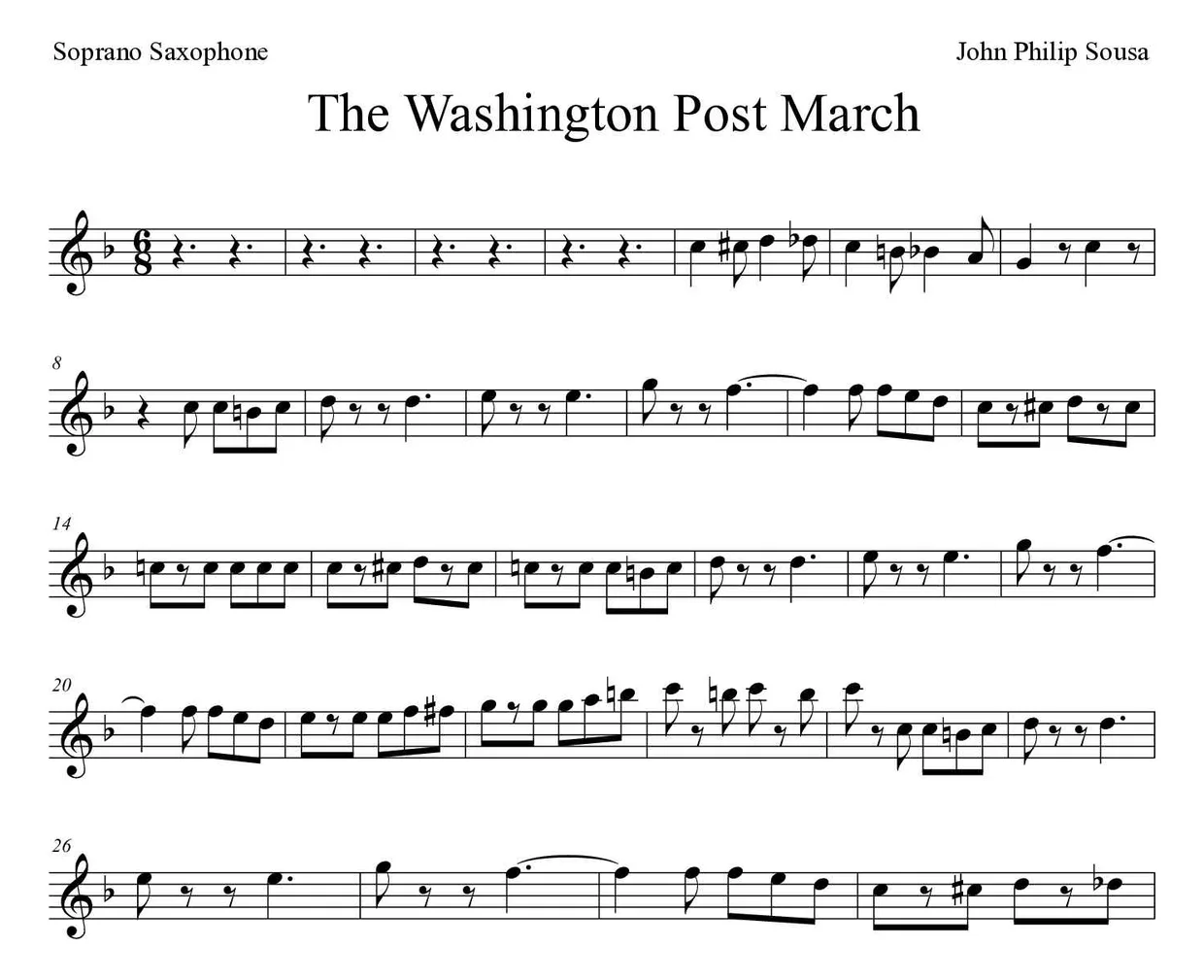 Partitura de The Washington Post March para saxofón soprano, primeras líneas