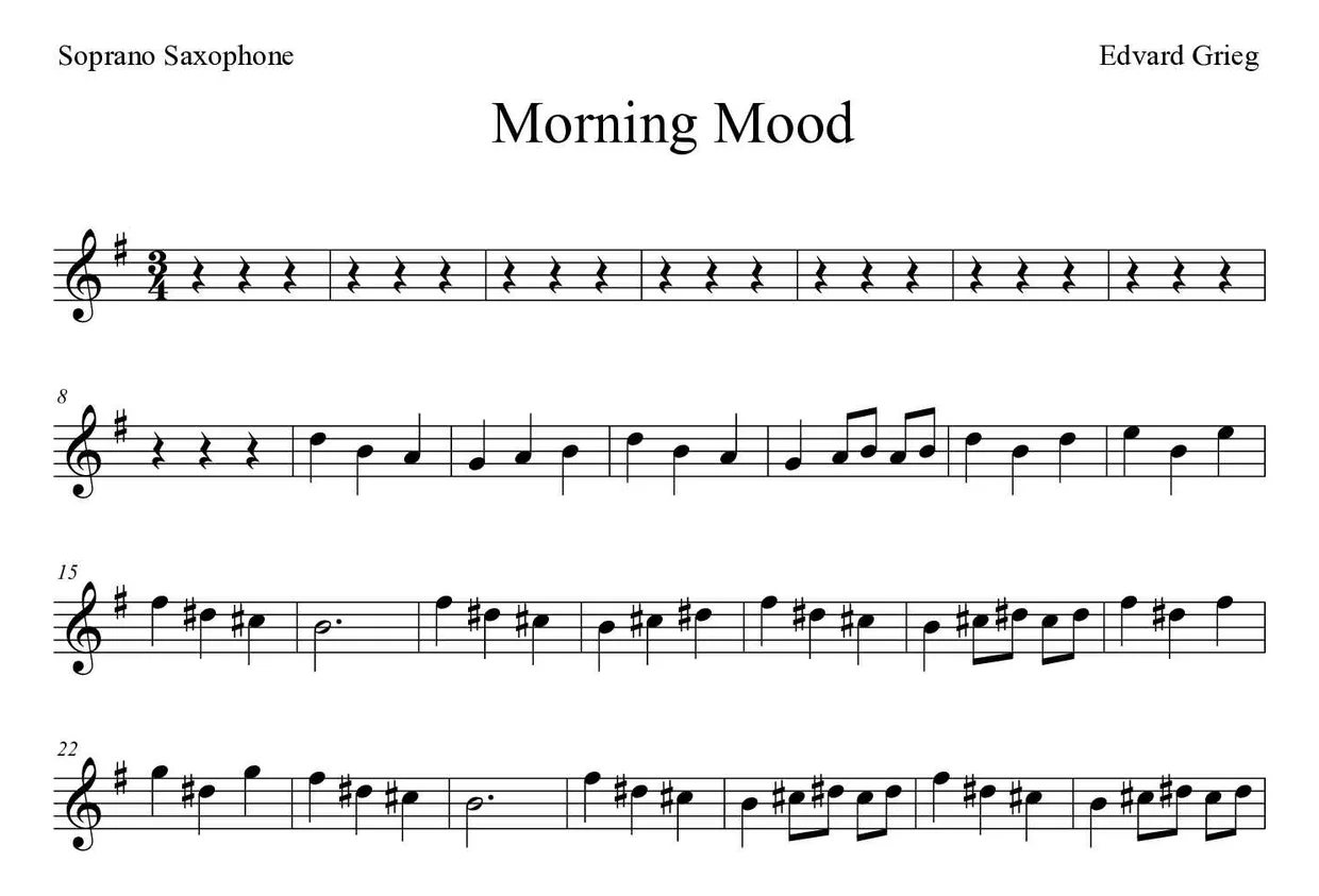 Partitura de Morning Mood para saxofón soprano, primeras líneas