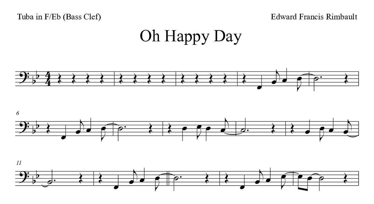 Partition de Oh Happy Day pour tuba en fa/mi bémol (clé de fa), premières lignes