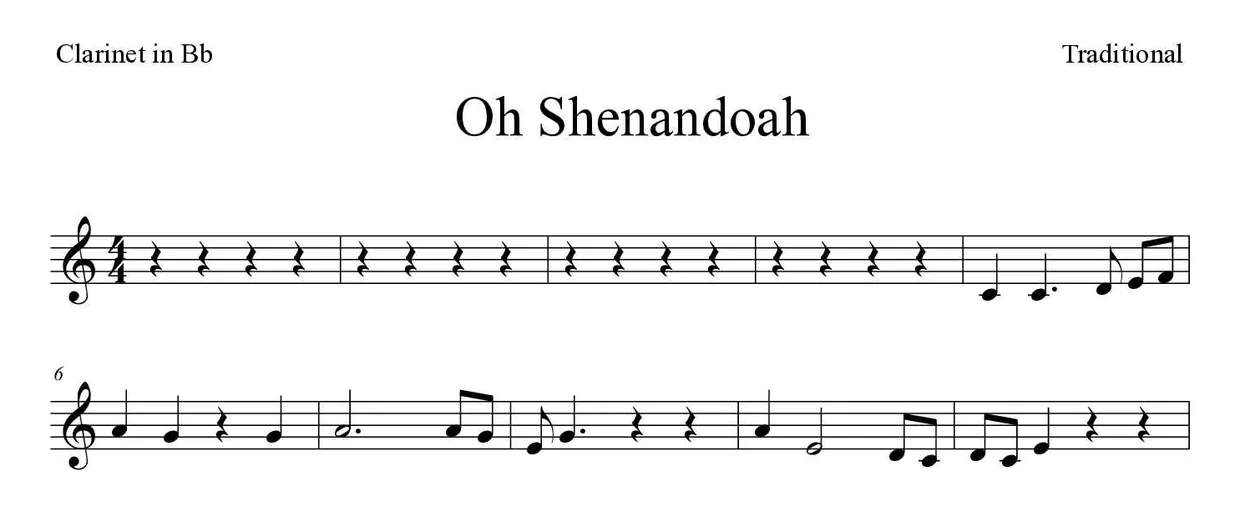 Spartito di Oh Shenandoah per clarinet, prime righe