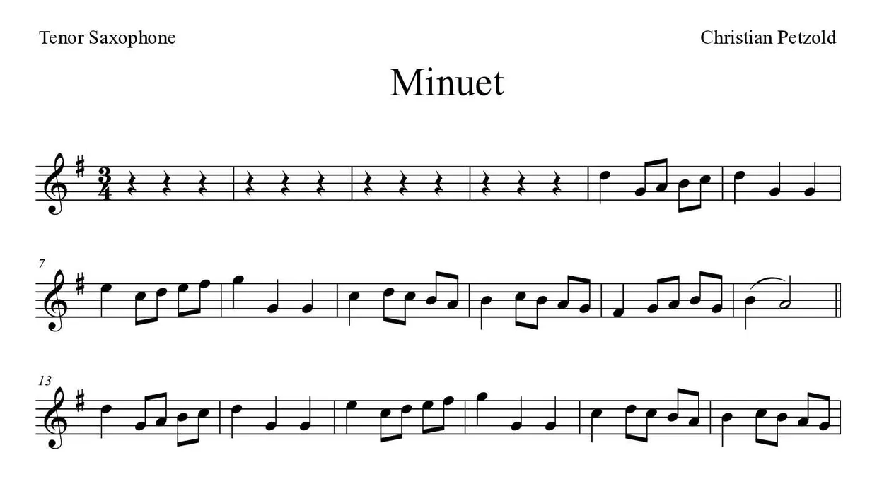 Partition de Menuet pour saxophone ténor, premières lignes