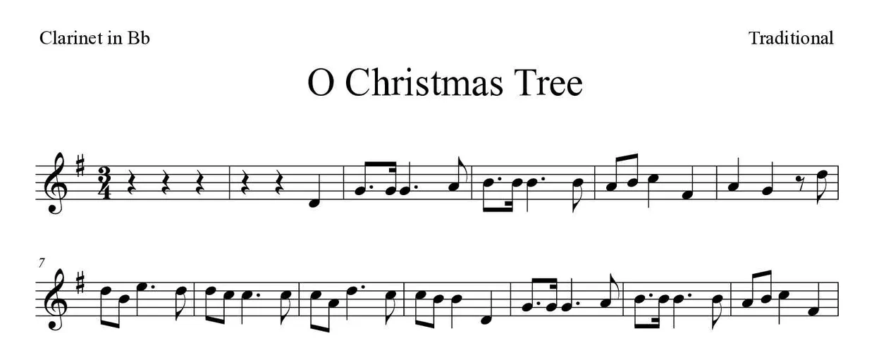 Noten von O Tannenbaum für Klarinette (Mittel), erste Zeilen