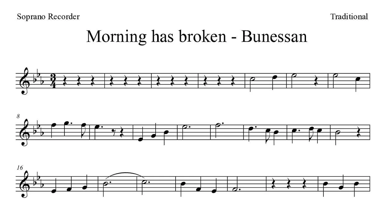 Partitura de Morning has broken - Bunessan para flauta de bisel, primeiras linhas