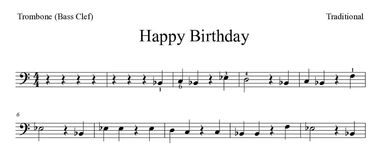 「Happy Birthday」Trombone用楽譜の最初の数段