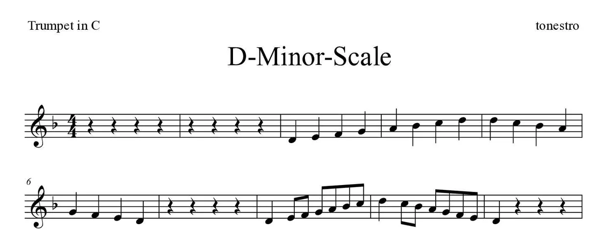 Noten von D-Moll-Tonleiter für Trompete in C (Mittel), erste Zeilen