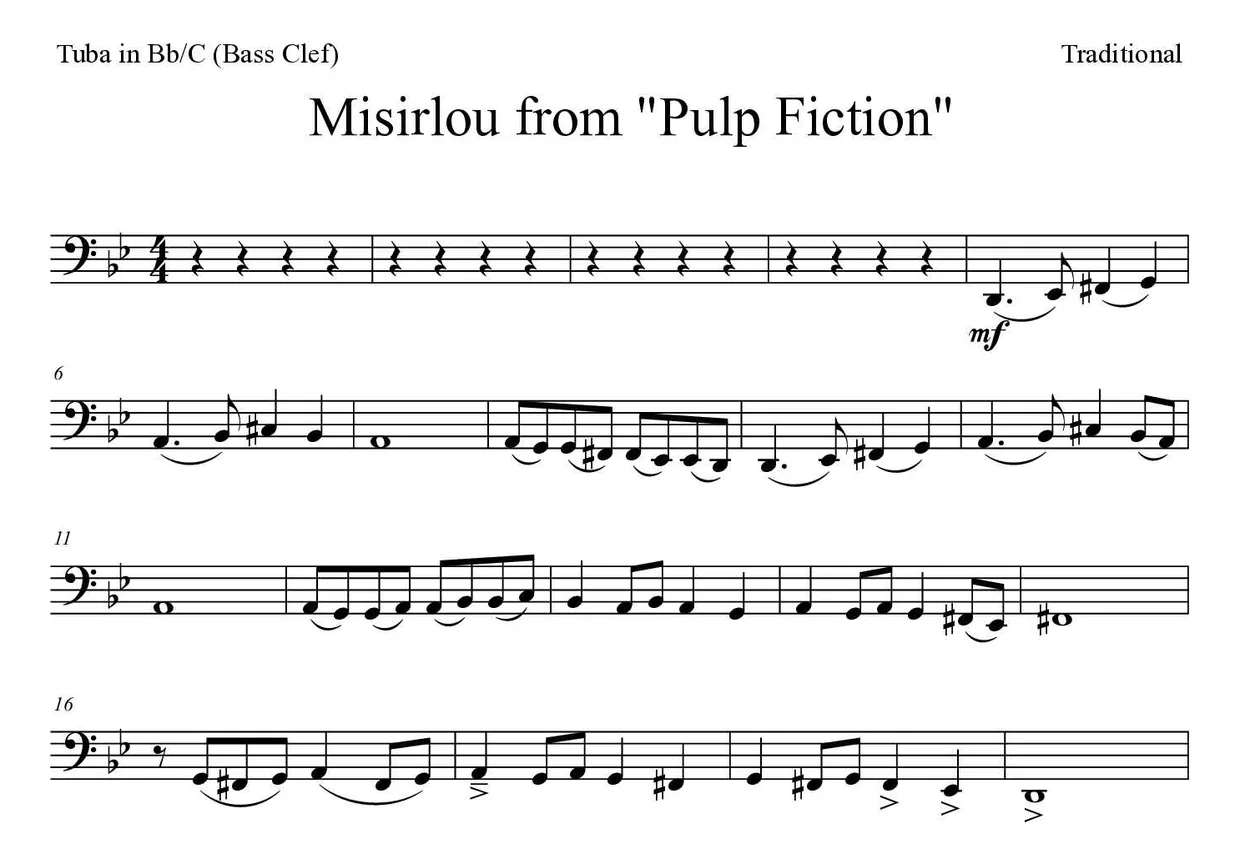 Partitura de Misirlou from "Pulp Fiction" para tuba en Sib/Do (clave de Fa), primeras líneas