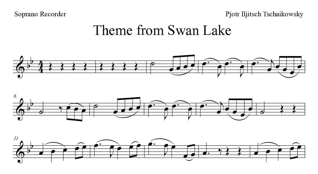 ‘Theme from Swan Lake’ Recorder 악보의 첫 몇 줄