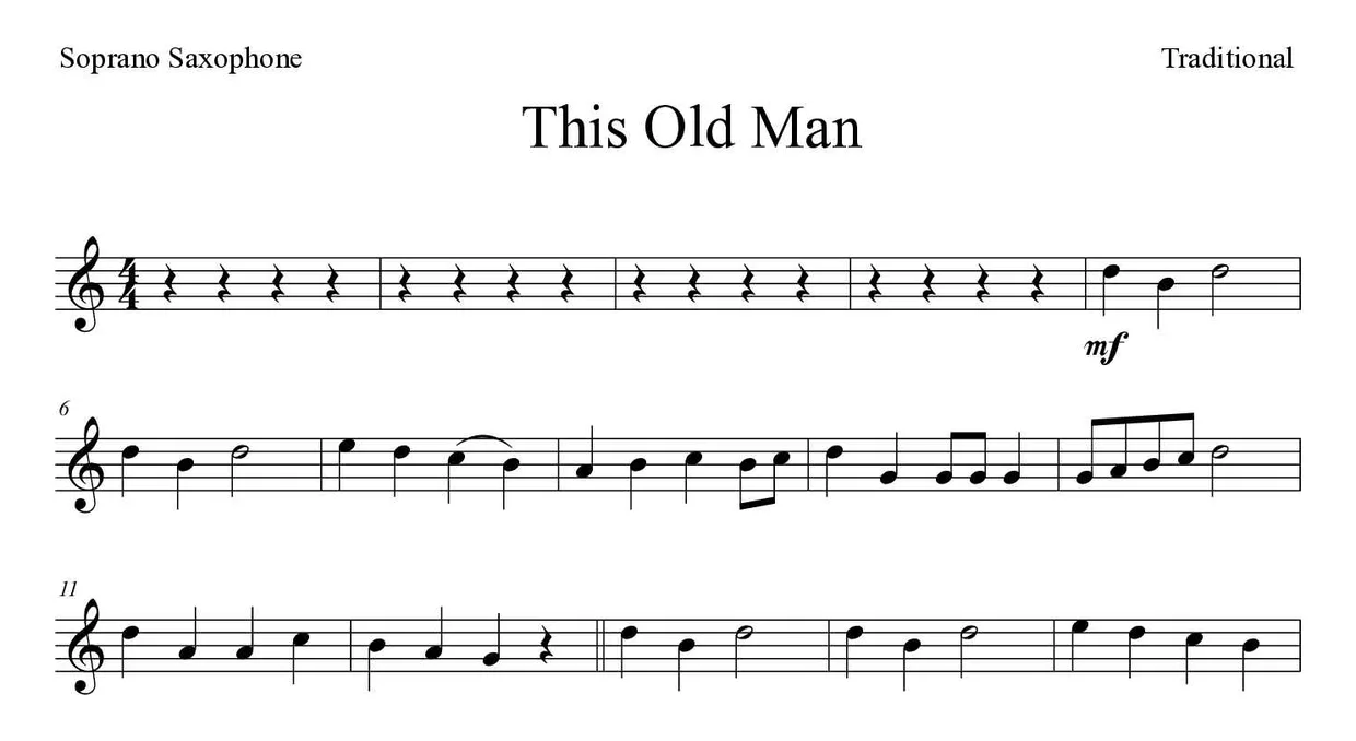 Bladmuziek van This Old Man voor soprano saxophone, eerste regels