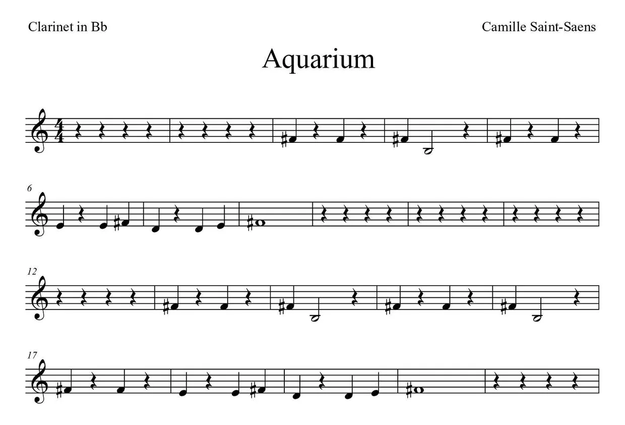 Partition de Aquarium pour clarinette, premières lignes