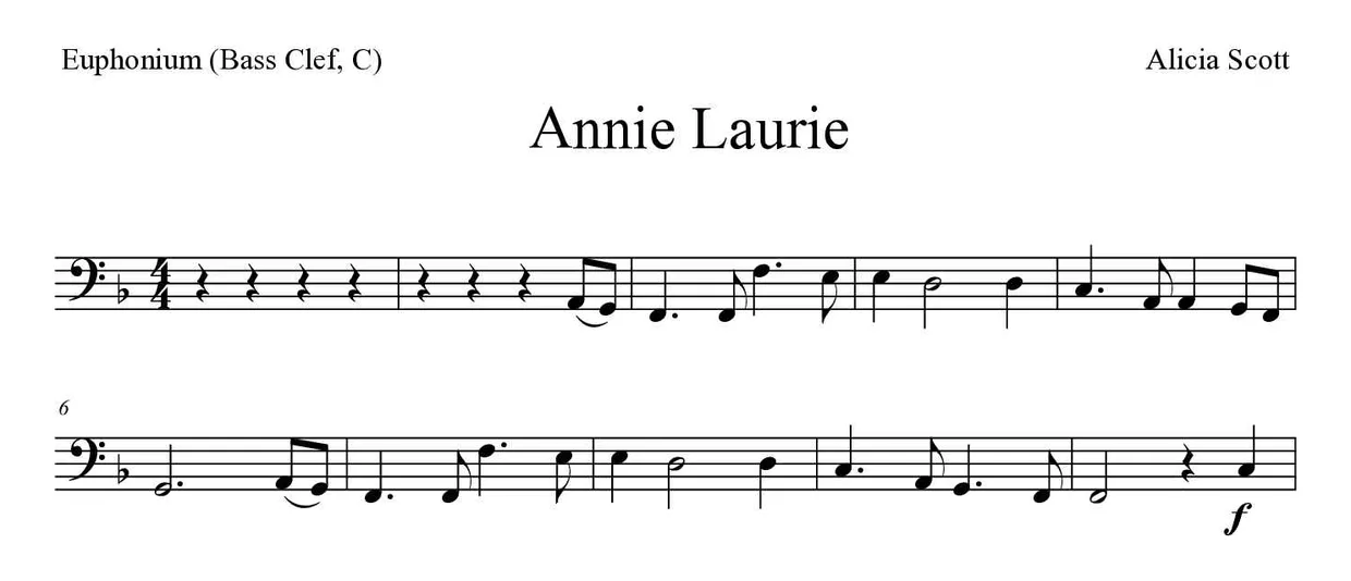 Noten von Annie Laurie für Euphonium (Bassschlüssel, C) (Einfach), erste Zeilen