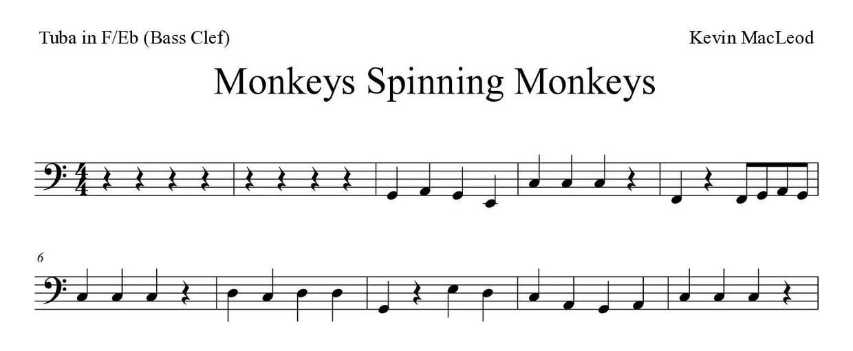 Partitura de Monkeys Spinning Monkeys para tuba en Fa/Mib (clave de Fa), primeras líneas