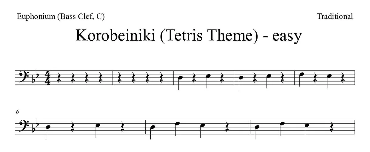 Spartito di Korobeiniki (Tetris Theme) - easy per euphonium (bass clef, C), prime righe