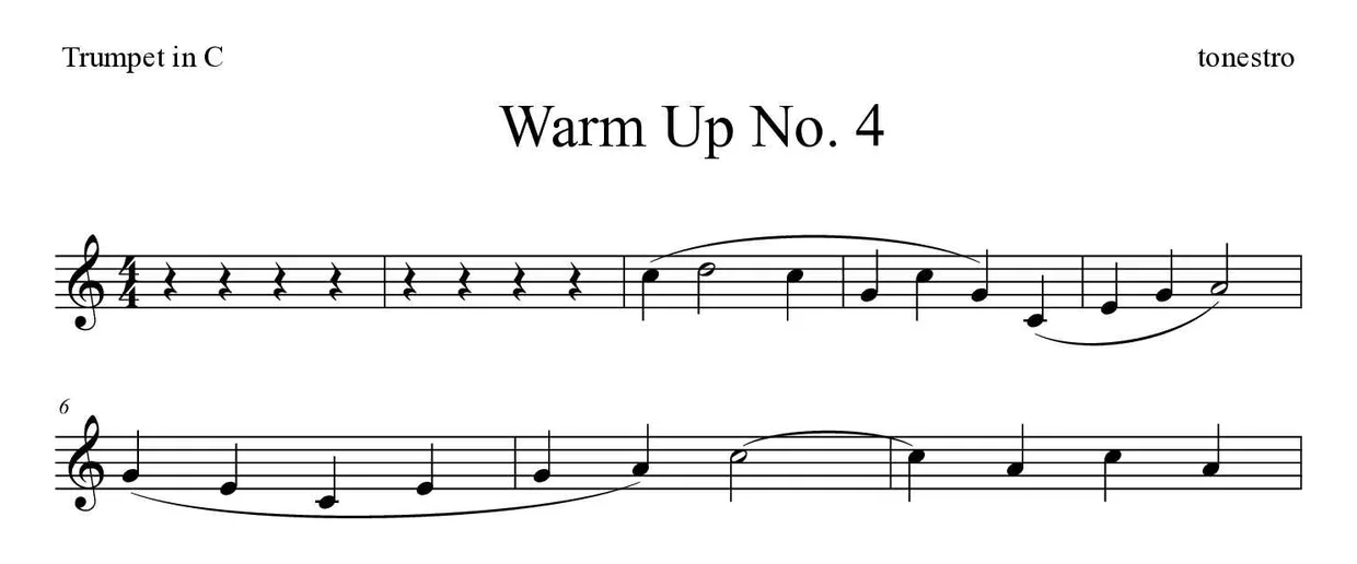 Sheet music of Warm Up No. 4 for trumpet in C (Medium), first lines