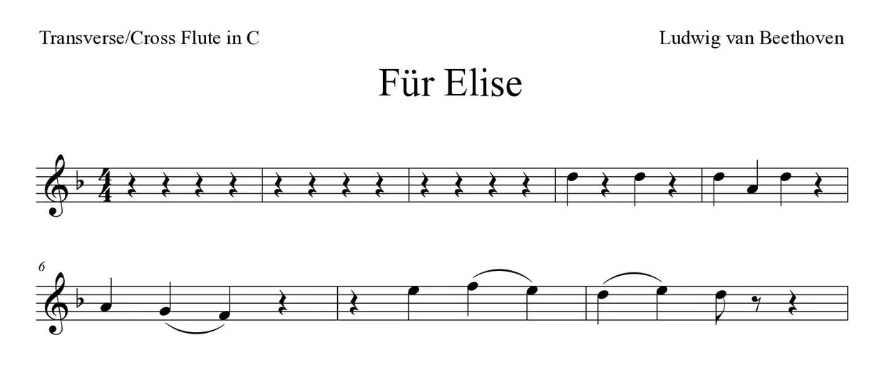 Bladmuziek van Für Elise voor flute, eerste regels