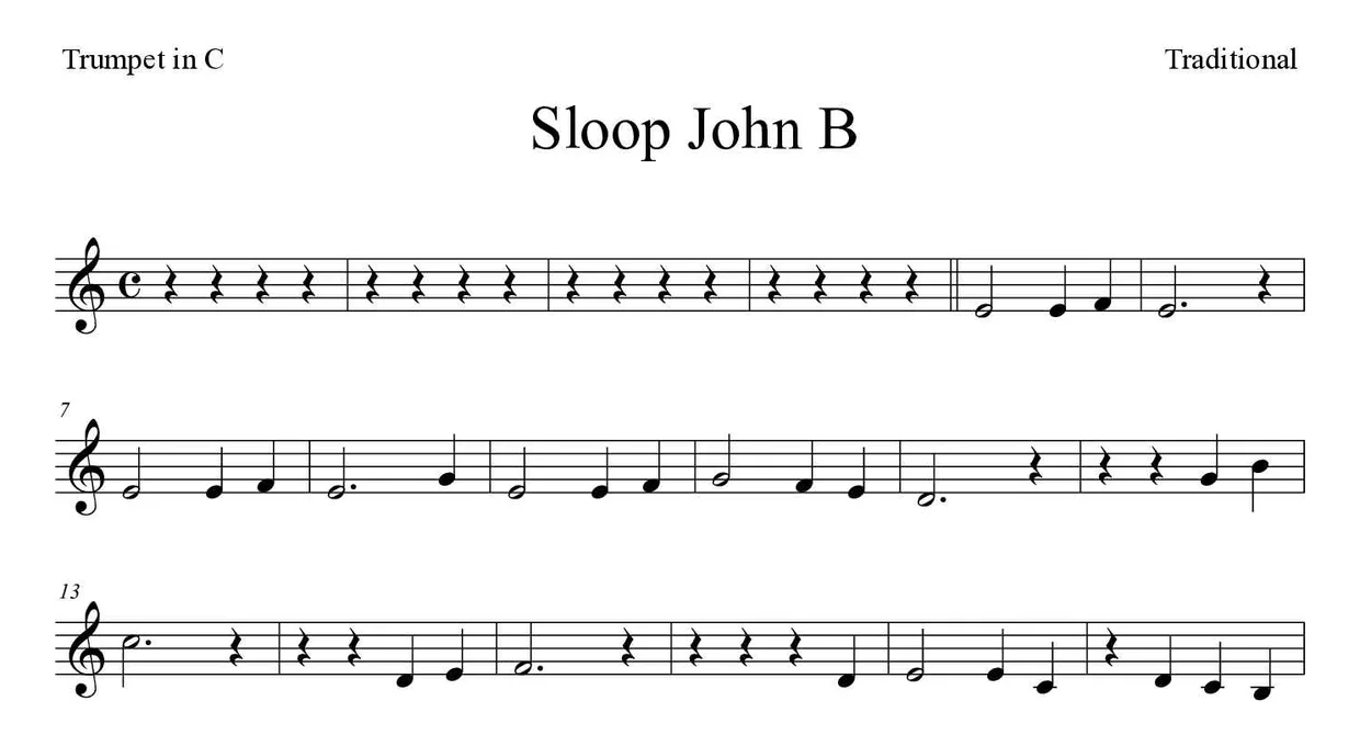 Partitura de Sloop John B para trompeta en Do, primeras líneas