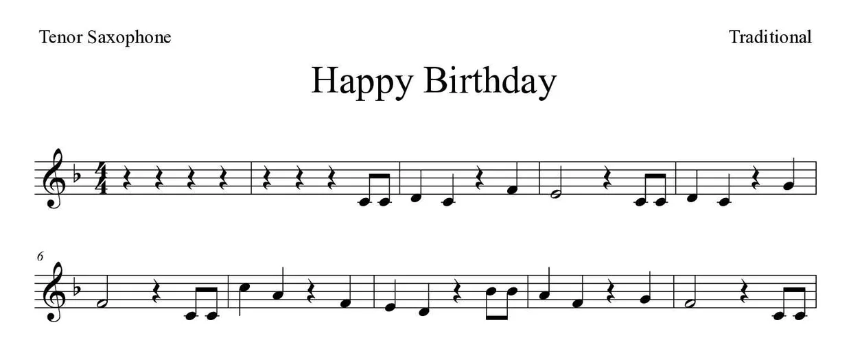 「Happy Birthday」Tenor Saxophone用楽譜の最初の数段