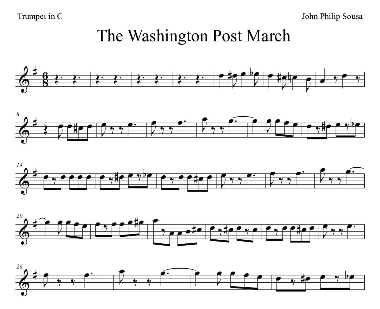 「The Washington Post March」Trumpet in C用楽譜の最初の数段