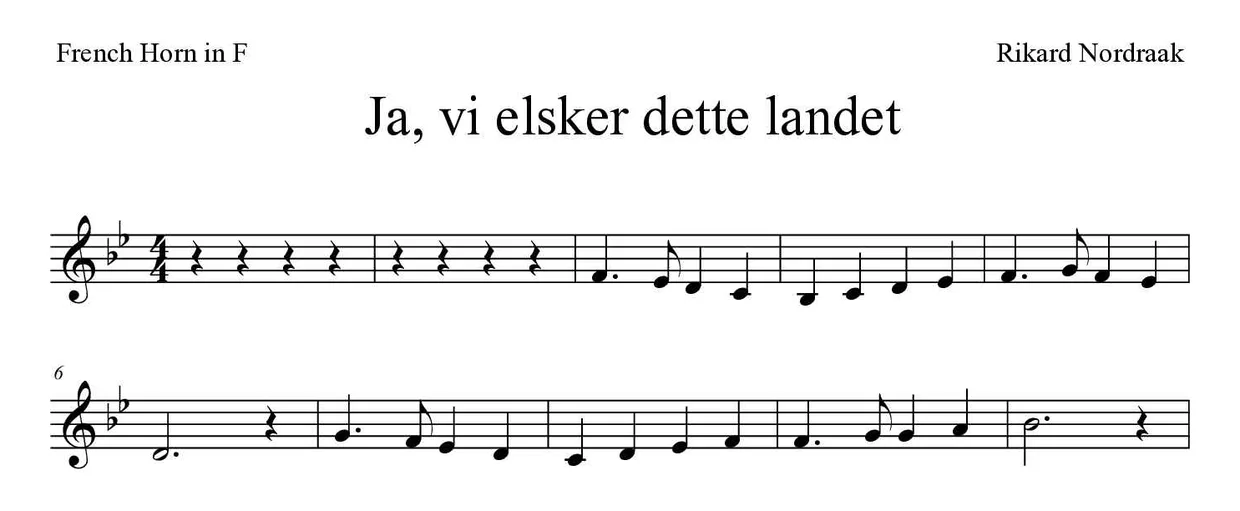 Sheet music of Ja, vi elsker dette landet for French horn (Medium), first lines