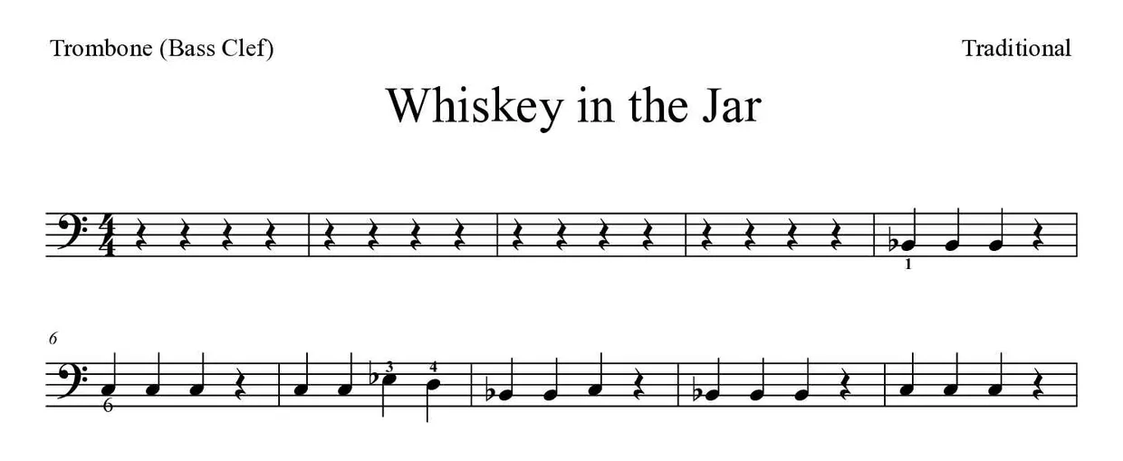 Partitura de Whiskey in the Jar para trombón, primeras líneas