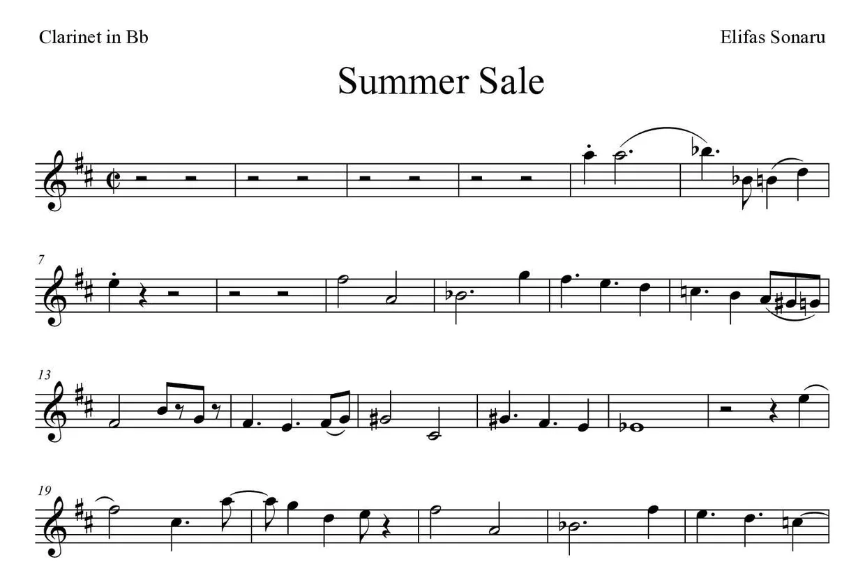 「Summer Sale」Clarinet用楽譜の最初の数段