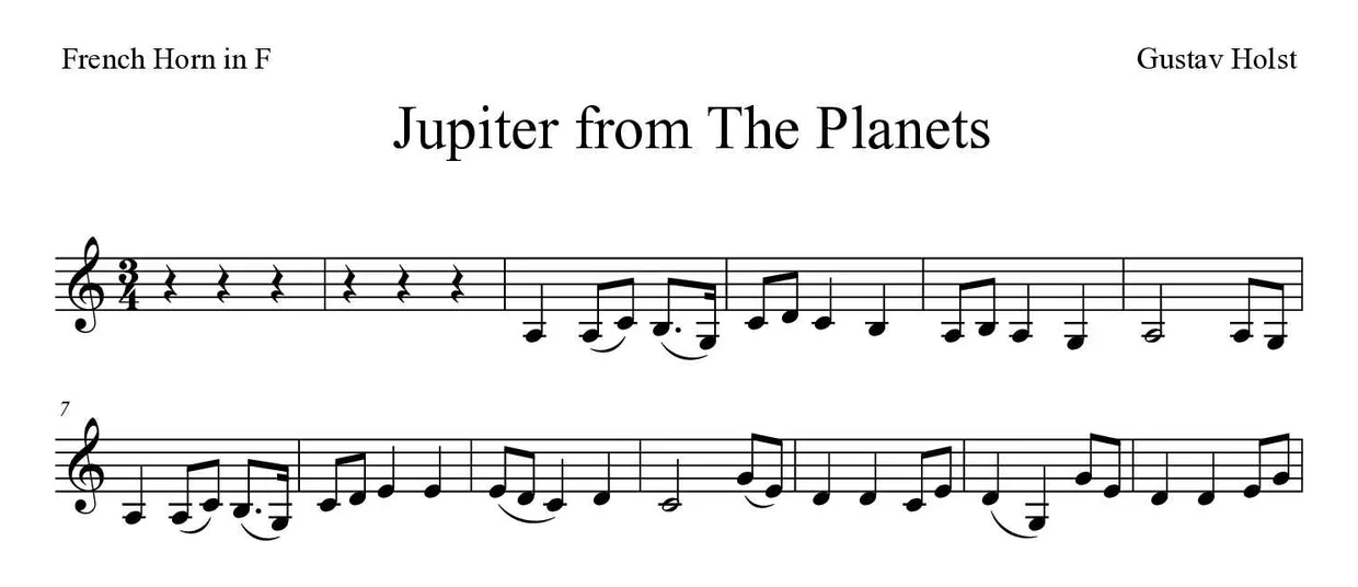 Bladmuziek van Jupiter from The Planets voor French horn, eerste regels
