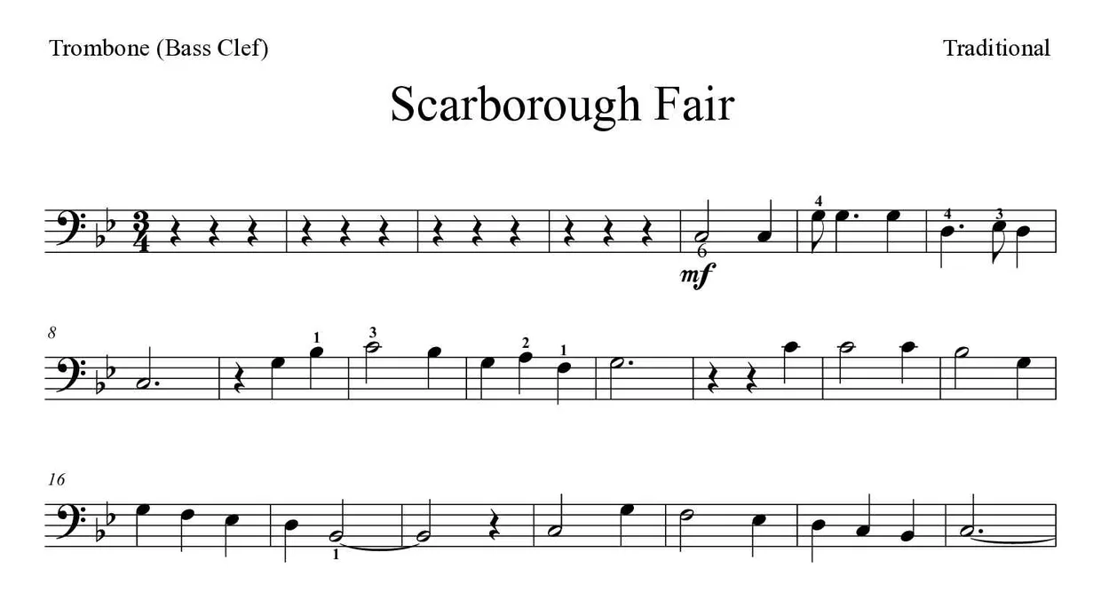 Bladmuziek van Scarborough Fair voor trombone, eerste regels