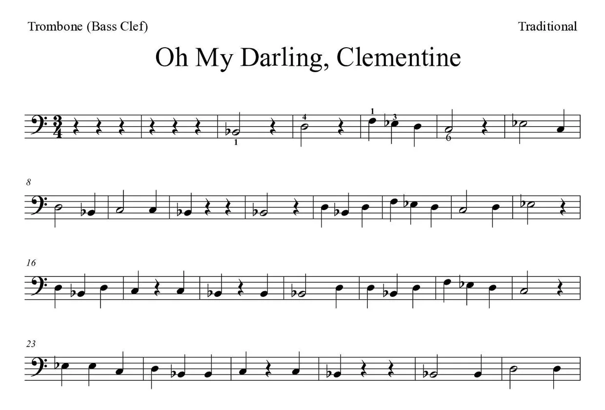 ‘Oh My Darling, Clementine’ Trombone 악보의 첫 몇 줄
