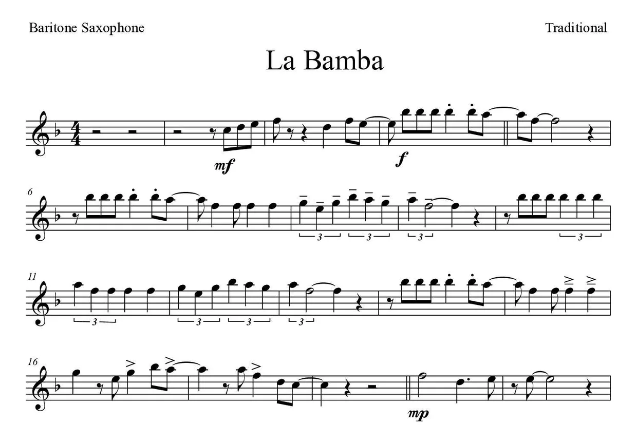 Noten von La Bamba für Baritonsaxophon (Schwer), erste Zeilen