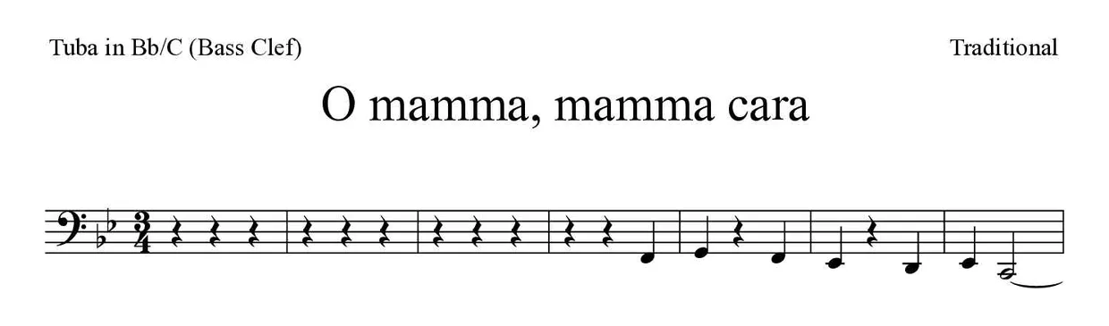 「O mamma, mamma cara」Tuba in Bb/C (Bass Clef)用楽譜の最初の数段