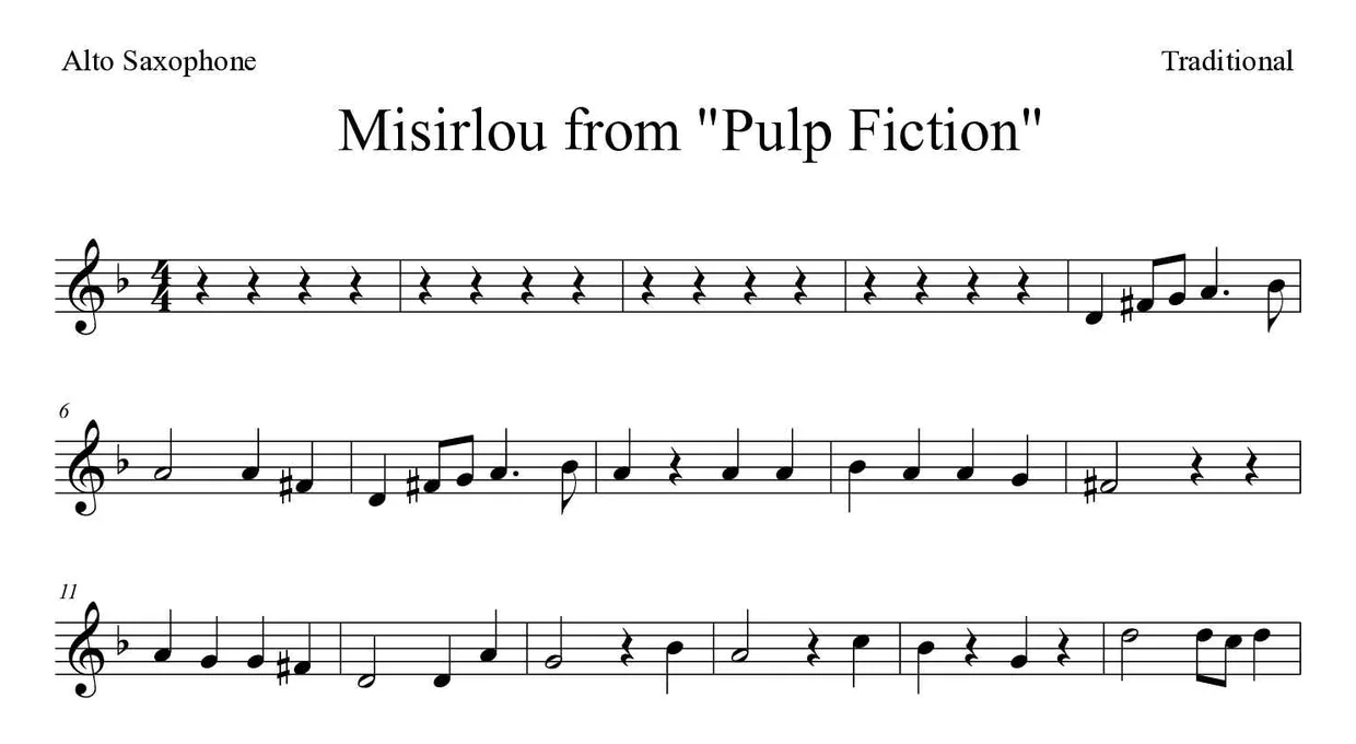 Noten von Misirlou aus "Pulp Fiction" für Altsaxophon (Einfach), erste Zeilen