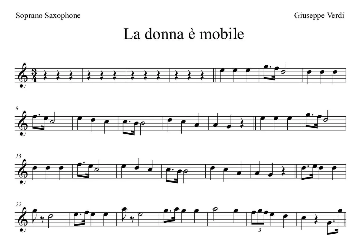 Sheet music of La donna è mobile for soprano saxophone (Medium), first lines