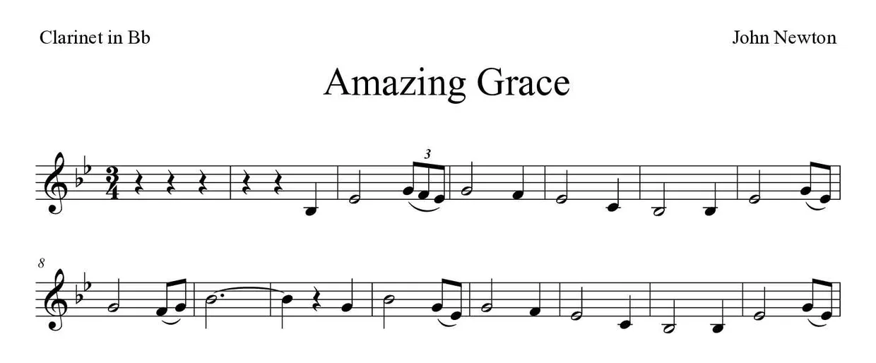 Sheet music of Amazing Grace for clarinet (Medium), first lines