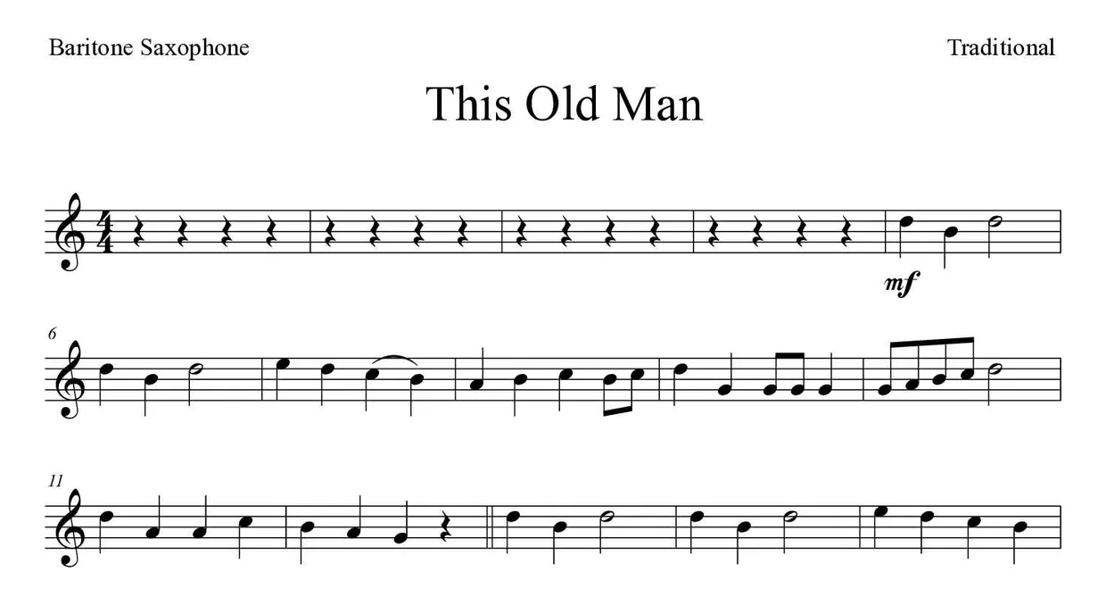 Partitura de This Old Man para saxofone barítono, primeiras linhas