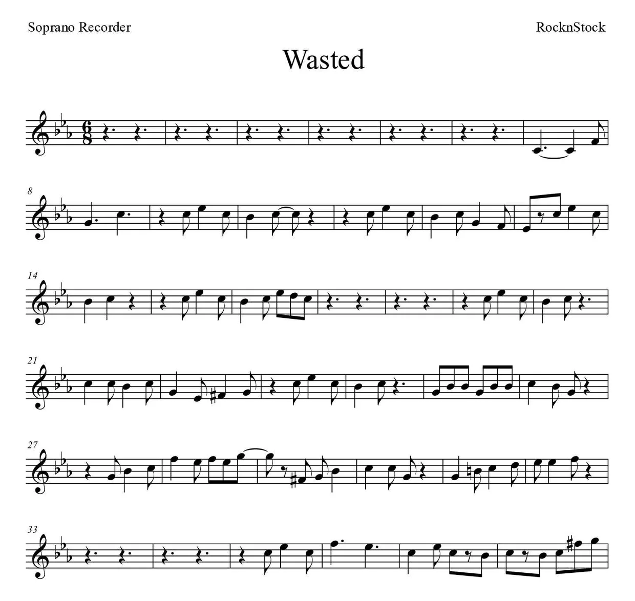 ‘Wasted’ Recorder 악보의 첫 몇 줄