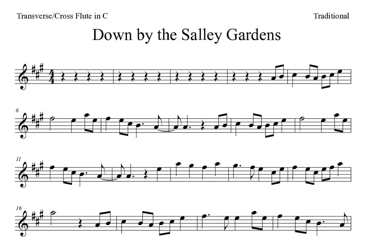 Partitura de Down by the Salley Gardens para flauta transversal, primeiras linhas