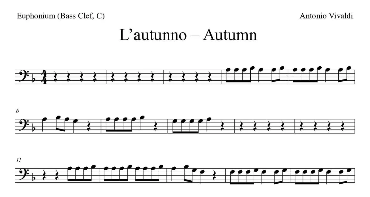Partition de L’autunno – Autumn pour euphonium (clé de fa, do), premières lignes