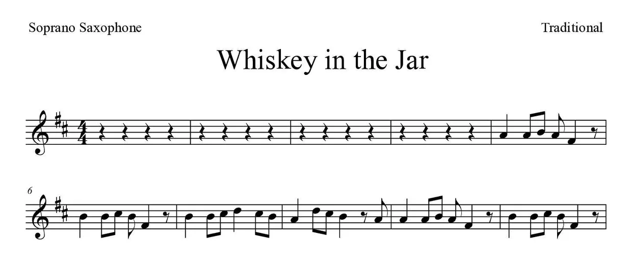 Spartito di Whiskey in the Jar per soprano saxophone, prime righe