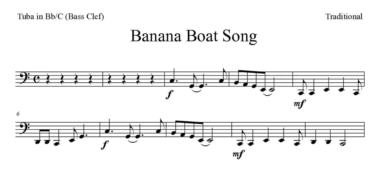 ‘Banana Boat Song’ Tuba in Bb/C (Bass Clef) 악보의 첫 몇 줄