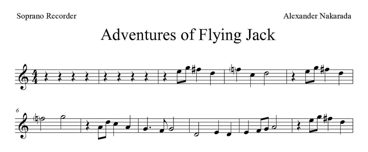 Sheet music of Adventures of Flying Jack for recorder (Medium), first lines