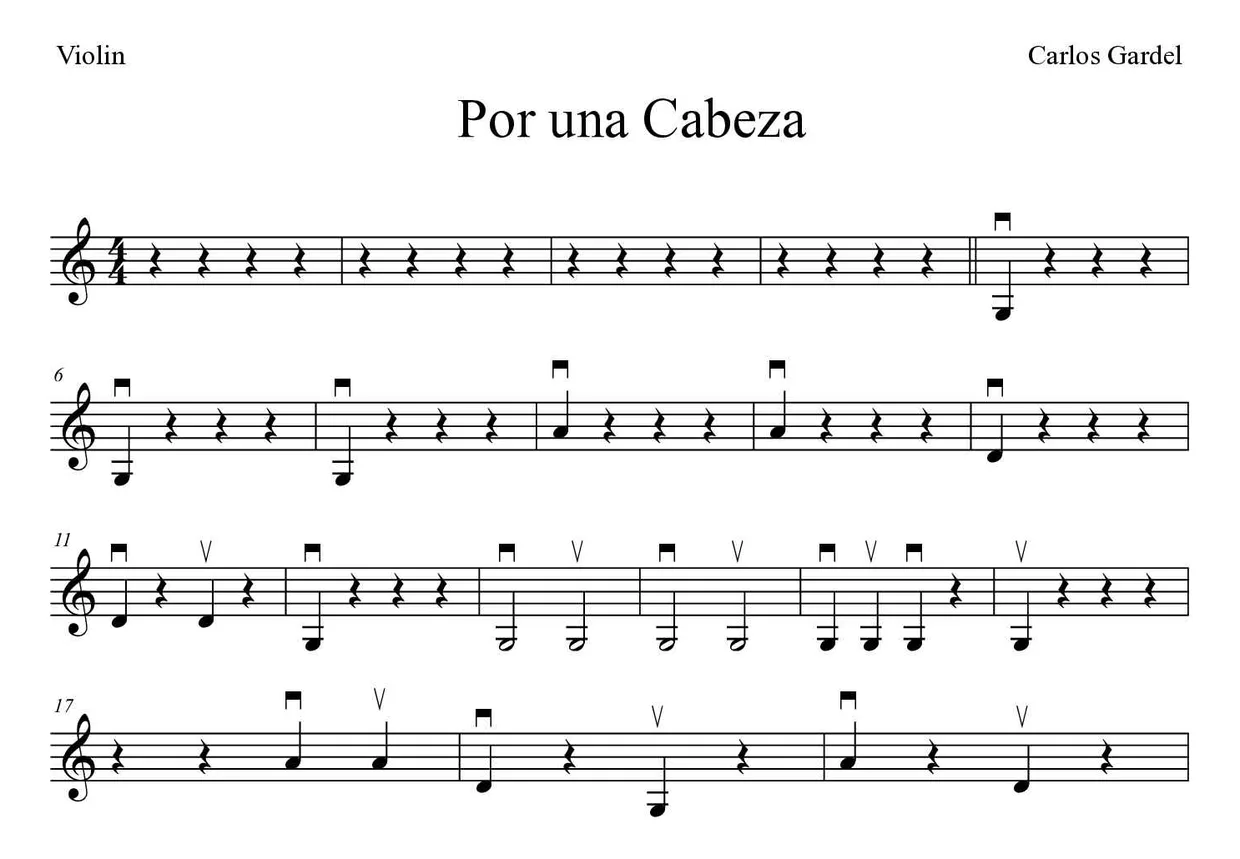 Sheet music of Por una Cabeza for violin (Easy), first lines