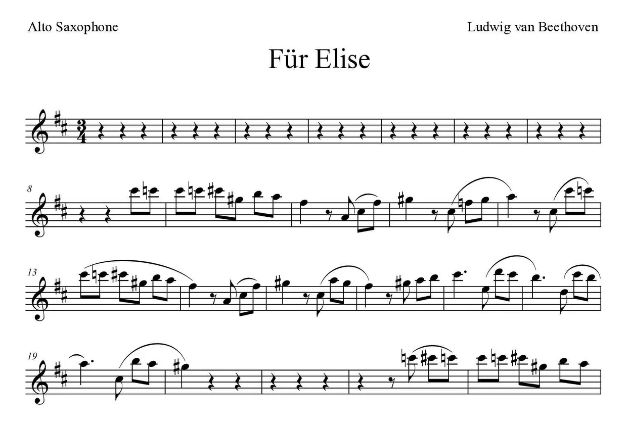Noten von Für Elise für Altsaxophon (Schwer), erste Zeilen