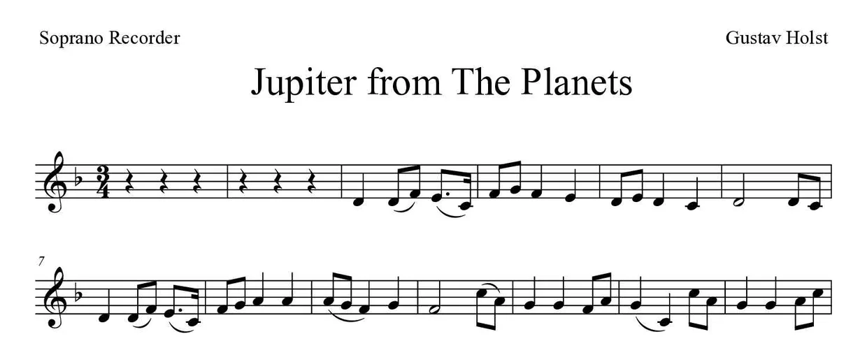 Sheet music of Jupiter from The Planets for recorder (Medium), first lines
